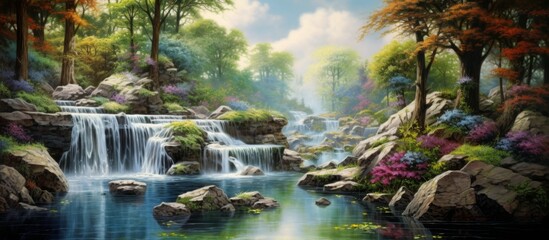 A stunning natural landscape featuring a beautiful waterfall surrounded by lush forest vegetation and flowing watercourse - obrazy, fototapety, plakaty