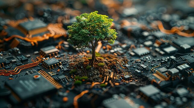 A circuit board's colorful components resemble fallen autumn leaves in a close-up view
