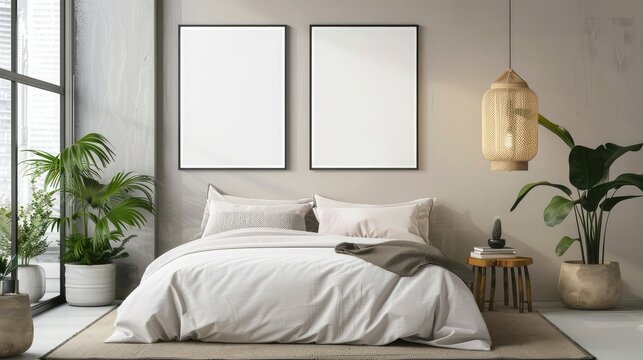 Mock up blank poster on the wall of bedroom.The mock up of modern bedroom interior design and white wall pattern background and lighting design space and picture