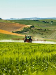Fototapeta premium Modern Agriculture Tractor Spraying Crops
