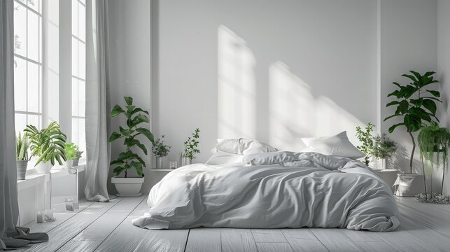 Fototapeta Modern white and gray minimalist bedroom with parquet, big window, house plants, soft duvet and pillows,,White bedroom with summer landscape in window. Scandinavian interior design