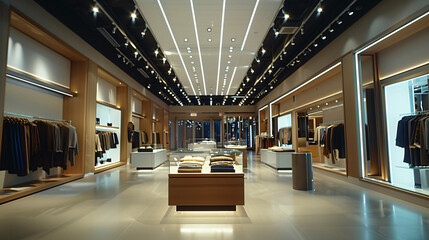 A boutique clothing store interior with elegant displays and soft lighting. - obrazy, fototapety, plakaty