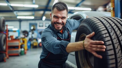 Happy Car Mechanic Holding Tire for Replacement