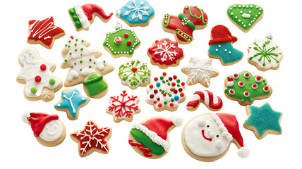 A festive array of holiday-themed sugar cookies, decorated with colorful icing, isolated on transparent background