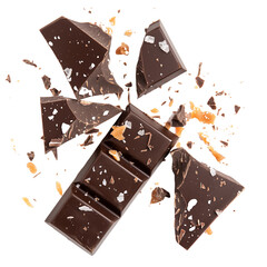 An artisanal dark chocolate bar with sea salt and caramel bits, broken into pieces, isolated on transparent background