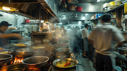 A cramped and bustling kitchen during a busy dinner service filled with heat motion and culinary creation. - obrazy, fototapety, plakaty
