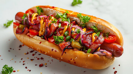 hot dog with mustard and ketchup, Gourmet hot dog with condiments and herbs on a white background. Side view close-up. Street food and snacks concept for design and menu