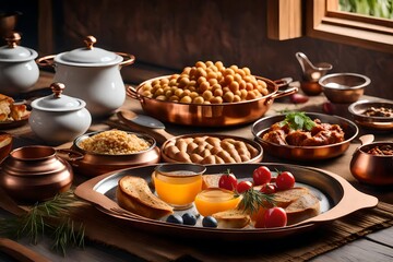 Natural Traditional Turkish Village Breakfast on the wooden table