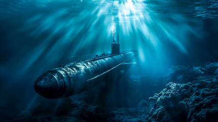 Underwater sunrays illuminating a submarine - obrazy, fototapety, plakaty