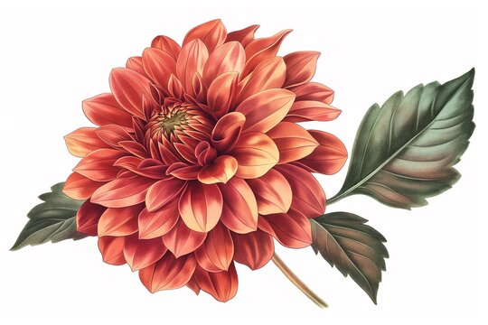 Vintage Illustration of an Orange and Red Dahlia, the Flower's Petals Glisten in Shades of Deep Pink and Amber Against Its Dark Green Leaves, Creating a Dramatic Contrast on White Background