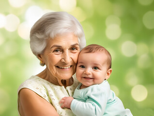Happy grandmother and baby grandchild. Close up image on light green bokeh background. - 770585182