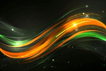 Abstract black and orange gradient background with green waves and shining bright light effects