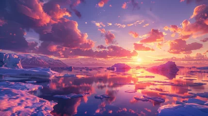 Poster A breathtaking sunset over the glaciers of Iceland, with vibrant colors reflecting on floating icebergs © Kien