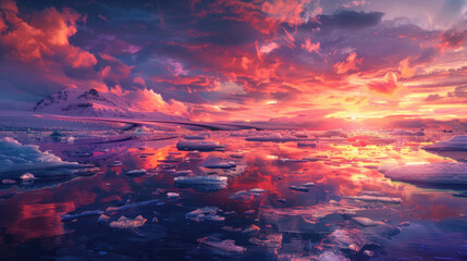 A breathtaking sunset over the glaciers of Iceland, with vibrant colors reflecting on floating icebergs - obrazy, fototapety, plakaty