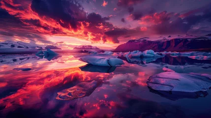 Zelfklevend Fotobehang A breathtaking sunset over the glaciers of Iceland, with vibrant colors reflecting on floating icebergs © Kien