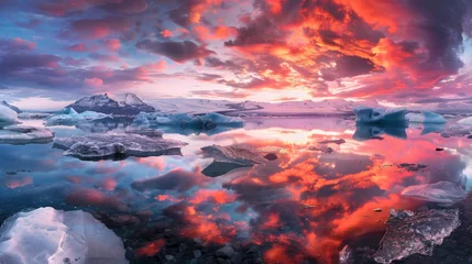  A breathtaking sunset over the glaciers of Iceland, with vibrant colors reflecting on floating icebergs © Kien