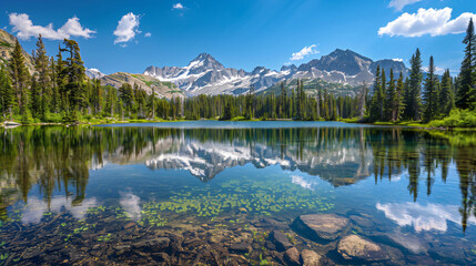 Fototapeta na wymiar A crystal-clear lake reflecting the perfect image of the surrounding mountains and forests.