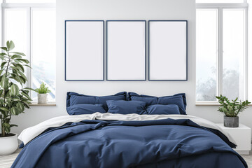 Mockup of three empty poster frames in a minimalist bedroom with plants and a blue double bed