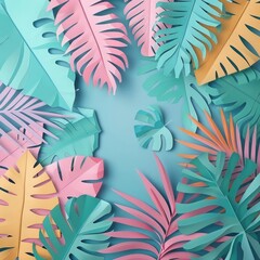 Fototapeta na wymiar Tropical paper palm leaves frame. Summer tropical leaf. Origami exotic hawaiian jungle, summertime background. Paper cut. Minimal. Pastel art colorful style. Tropica