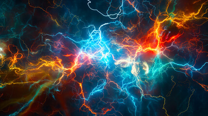 Abstract Neural Network Brain Synapses Visualization. An abstract representation of neural network activity, resembling brain synapses with colorful electrical impulses on a dark background. - obrazy, fototapety, plakaty