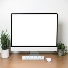 Computer with blank screen on wooden table and white wall background. 3D Rendering