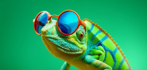 A vivid green chameleon poses with oversized orange sunglasses. The playful contrast of colors highlights the creature's textured skin and curious gaze.