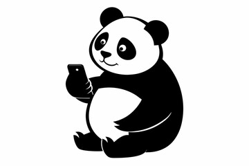 A panda using mobile silhouette black vector illustration