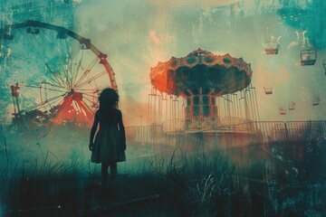 Faded memories: A pastel-toned double exposure melds a child's silhouette with the ghosts of an abandoned amusement park, capturing the bittersweet nostalgia of lost childhood wonder