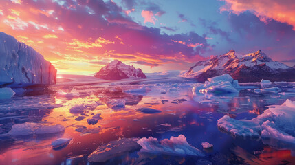 A breathtaking sunset over the glaciers of Iceland, with vibrant colors reflecting on floating icebergs - obrazy, fototapety, plakaty