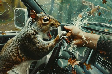 A whimsical painting of a squirrel seated in a car with its mouth agape, appearing to laugh or chatter in a humorous interaction. Generative AI - obrazy, fototapety, plakaty