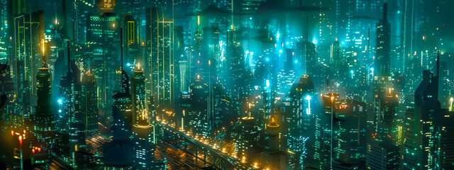 Futuristic cityscape at night with glowing lights