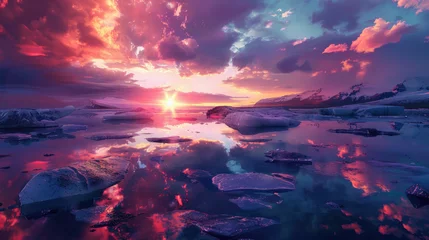  A breathtaking sunset over the glaciers of Iceland, with vibrant colors reflecting on floating icebergs © Kien