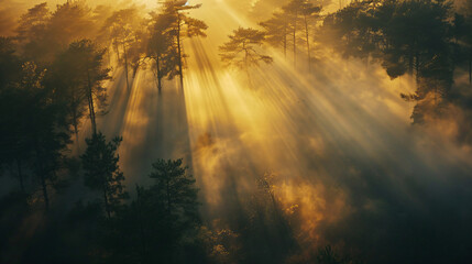 A dense ancient forest bathed in the golden light of sunrise with rays piercing through the fog. - obrazy, fototapety, plakaty