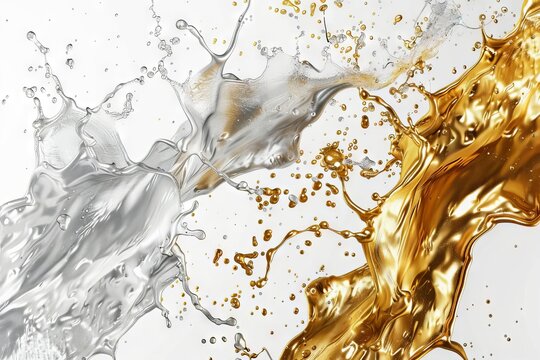 Contrasting gold and silver paint splatters colliding on white background, abstract liquid metal illustration