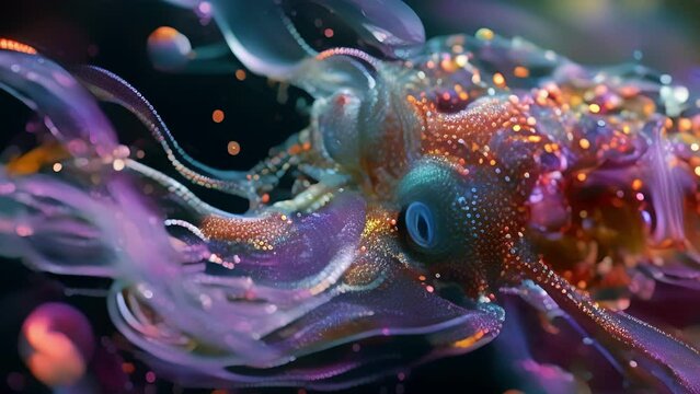 The convergence of alienlike beings and deep sea creatures creates a sense of wonder and discovery as if observing a secret world beyond our own. With their iridescent bodies