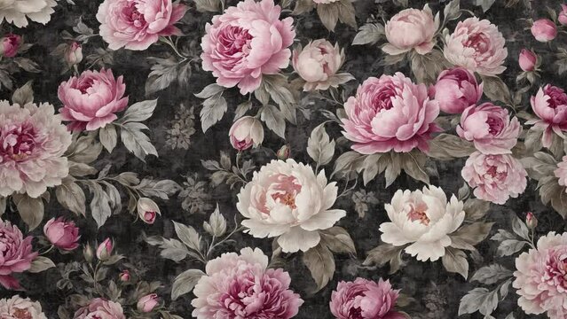 Animated background with baroque flowers on a black background, moody muted colors. Stop motion animated looped background