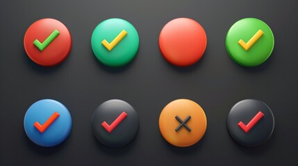 Realistic right and wrong 3D Button. A set of glossy round icons with a check mark, a sign of the cross. 3d minimalist style. Symbols of acceptance, rejection and attention. Vector illustration - obrazy, fototapety, plakaty