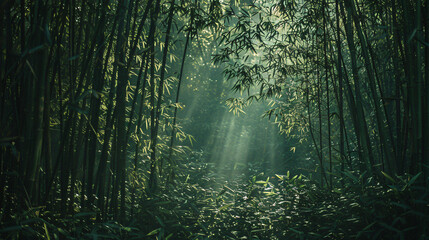 A dense bamboo forest with shafts of light filtering through the tall stalks creating a peaceful and mystical atmosphere. - obrazy, fototapety, plakaty