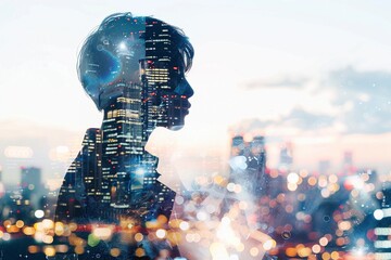 Future focused: A business person gazes ahead, their form a canvas for the pulsing energy of technology colors, in a futuristic double exposure of a city skyline