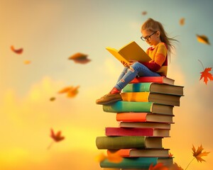 A girl is reading a book on top of a stack of books. The scene is set in autumn, with leaves falling around her. Scene is peaceful and serene, as the girl enjoys her book in a quiet