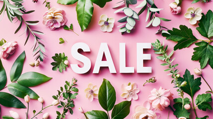 SALE sign in white letters surrounded by spring flowers in boho style. Pink background. Adv...