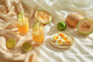 Outdoors sunlit composition with refreshing summer drinks, ripe cantaloupe, and vibrant citrus fruits. Glass of melon smoothie with ingredients on silk background. Food concept.