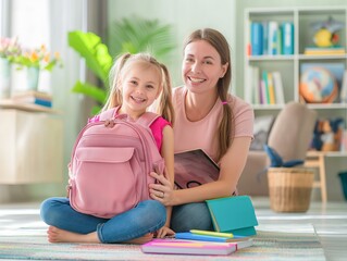 A young girl is sitting on the floor with a pink backpack next to her. The room is decorated with books and a potted plant. Scene is warm and loving