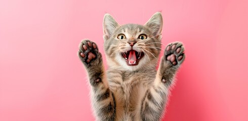 A cat is shown with its mouth open and its paws raised in the air. The cat appears to be happy and...