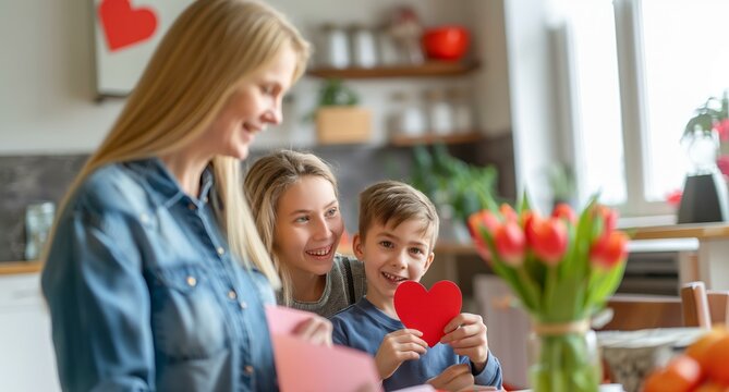 A woman and two children are in a kitchen, holding red heart-shaped cards. The woman is smiling and the children are also smiling, creating a warm and happy atmosphere