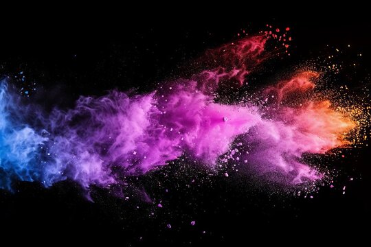 Dynamic Colorful Powder Explosion on Black Background, Abstract Dust Particles Dispersion