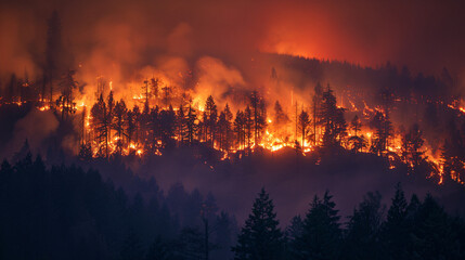 A dense forest fire raging consuming everything in its path exacerbated by dry conditions and high temperatures.