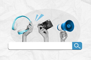 Composite photo collage of hands hold objects loudspeaker headphones vintage camera internet tab...