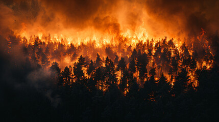 A dense forest fire raging consuming everything in its path exacerbated by dry conditions and high temperatures. - obrazy, fototapety, plakaty