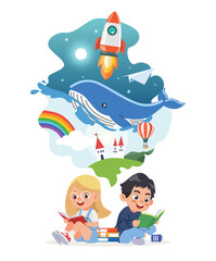 Cute boy and girl read a book together, open a book with a rocket, whale, air balloon, stars, rainbow.